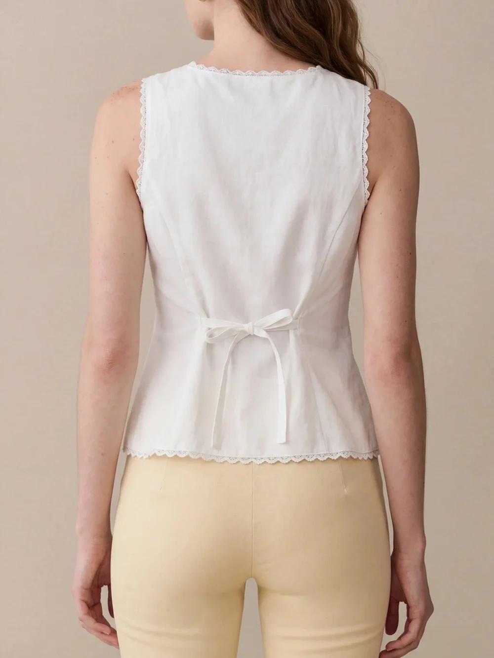 Sleeveless White Button-Front Top with Lace Trim - Picture 5 of 12